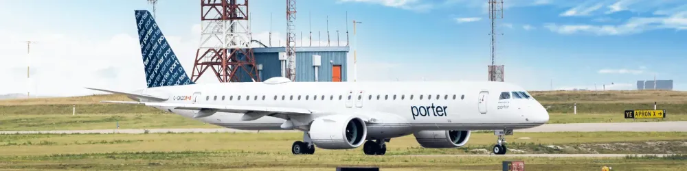 Calgary Alberta Canada, September 17 2023: Porter Airlines aircraft taxiing beside a take off runway at Calgary International Airport